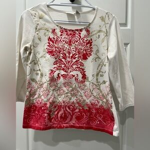 Zenergy by Chico’s Elegant Red and Cream Women's Top with Gold Accents